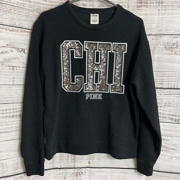 Pink VS Sweatshirt Womens Small sequin bling Y2K Pullover Crew Neck chi black - Picture 1 of 8